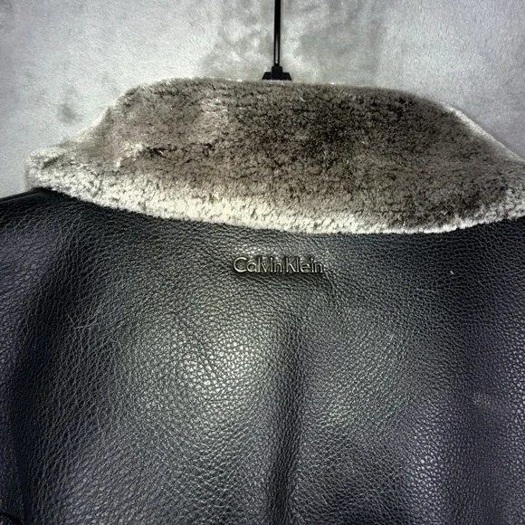 Calvin Klein Bomber Jacket Black Faux Leather Faux Fur Lined Men's Size XL - Picture 9 of 13